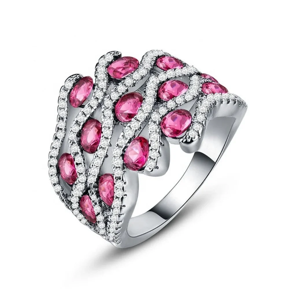 🍂 925 Silver Plated Stylish Red CZ Diamond Ring, FB16FA1103